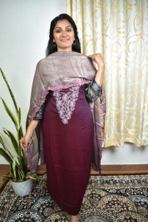 SR143 Semi rose silk top with velvet organza dupatta..